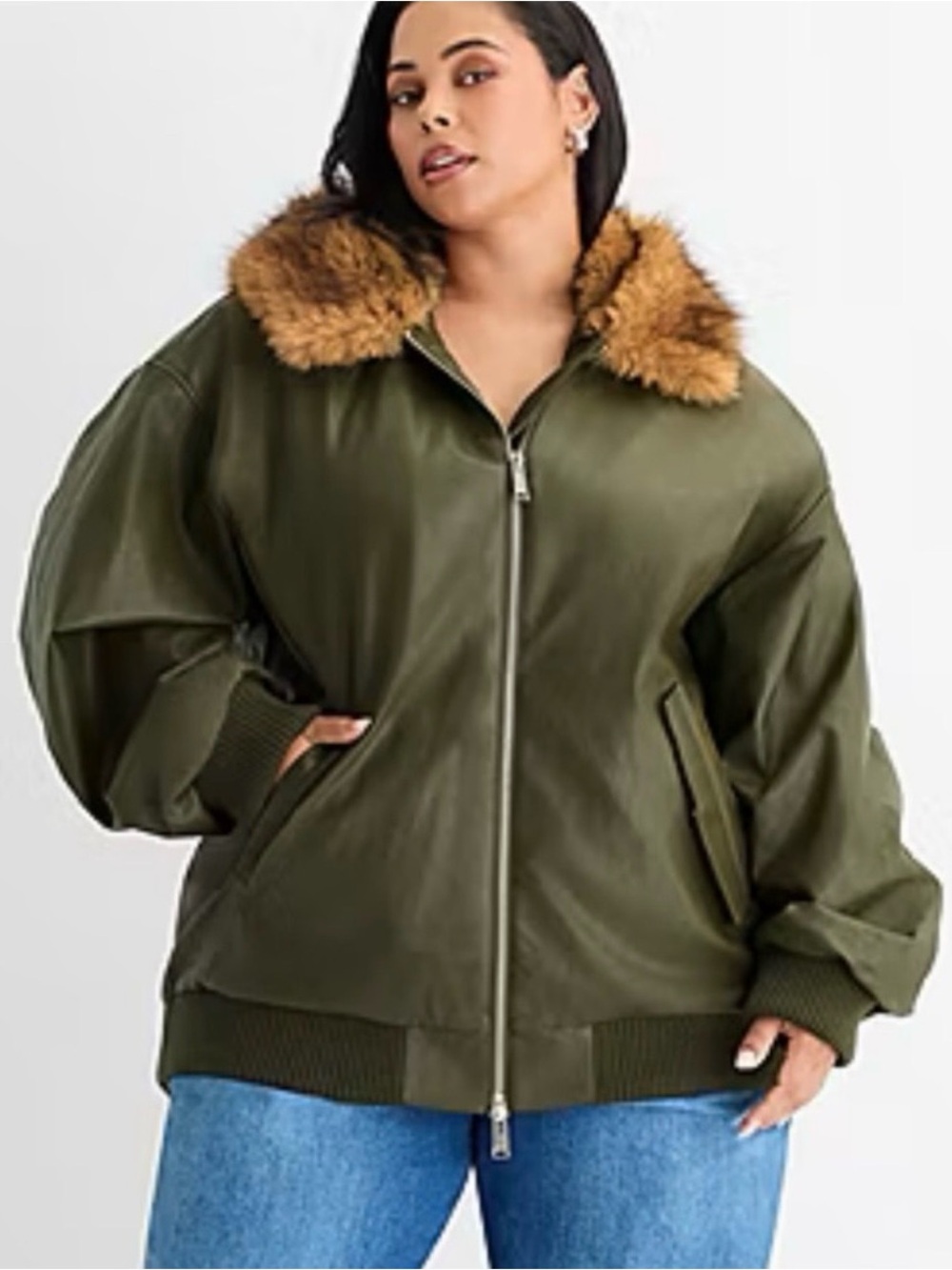 NWT Ashley Graham Olive Faux Leather Bomber Jacket Tan Fur
Collar Plus size